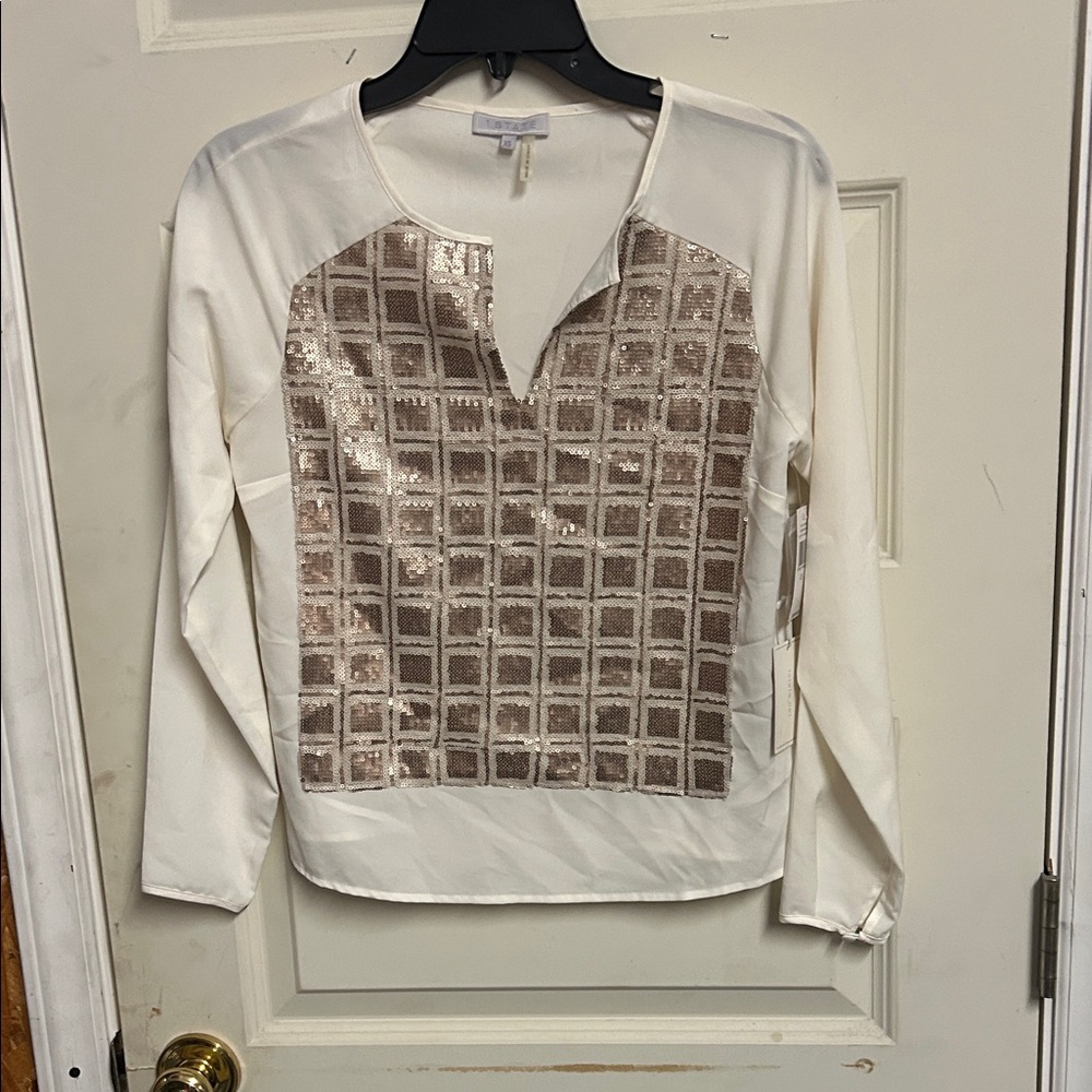 1. State White and Gold Sequin Blouse